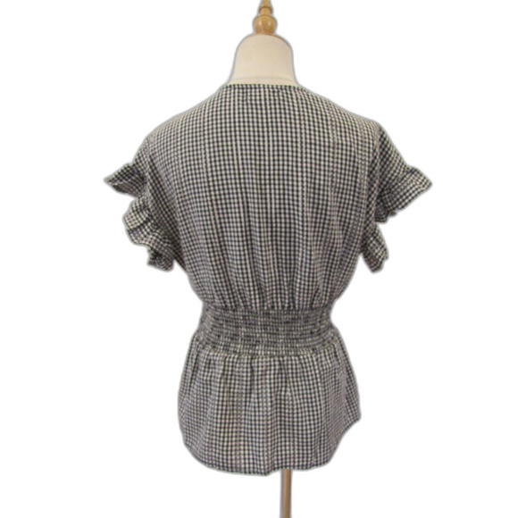 Max Studio Black White Check Blouse Waist Tie V-Neck Flutter Sleeve Small - Picture 3 of 8
